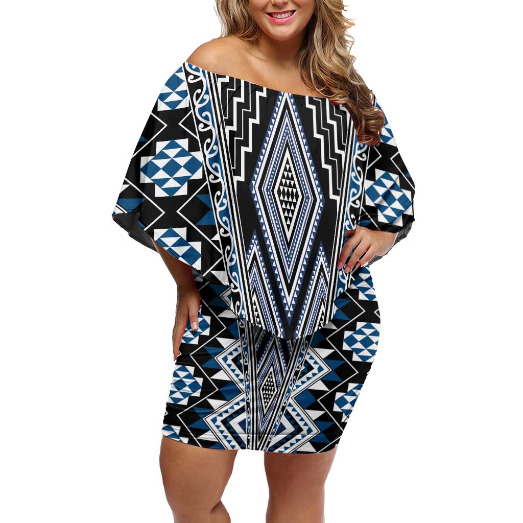Blue Aotearoa Tukutuku and Poutama Motif Family Matching Off Shoulder Short Dress and Hawaiian Shirt LT03 Mom's Dress Blue - Polynesian Pride