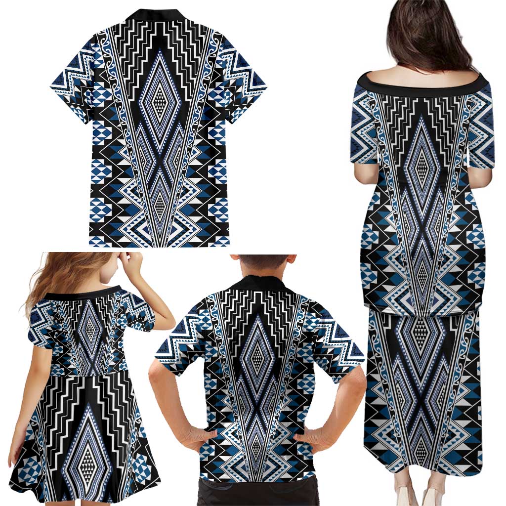 Blue Aotearoa Tukutuku and Poutama Motif Family Matching Puletasi and Hawaiian Shirt LT03 - Polynesian Pride