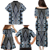 Blue Aotearoa Tukutuku and Poutama Motif Family Matching Puletasi and Hawaiian Shirt LT03 - Polynesian Pride