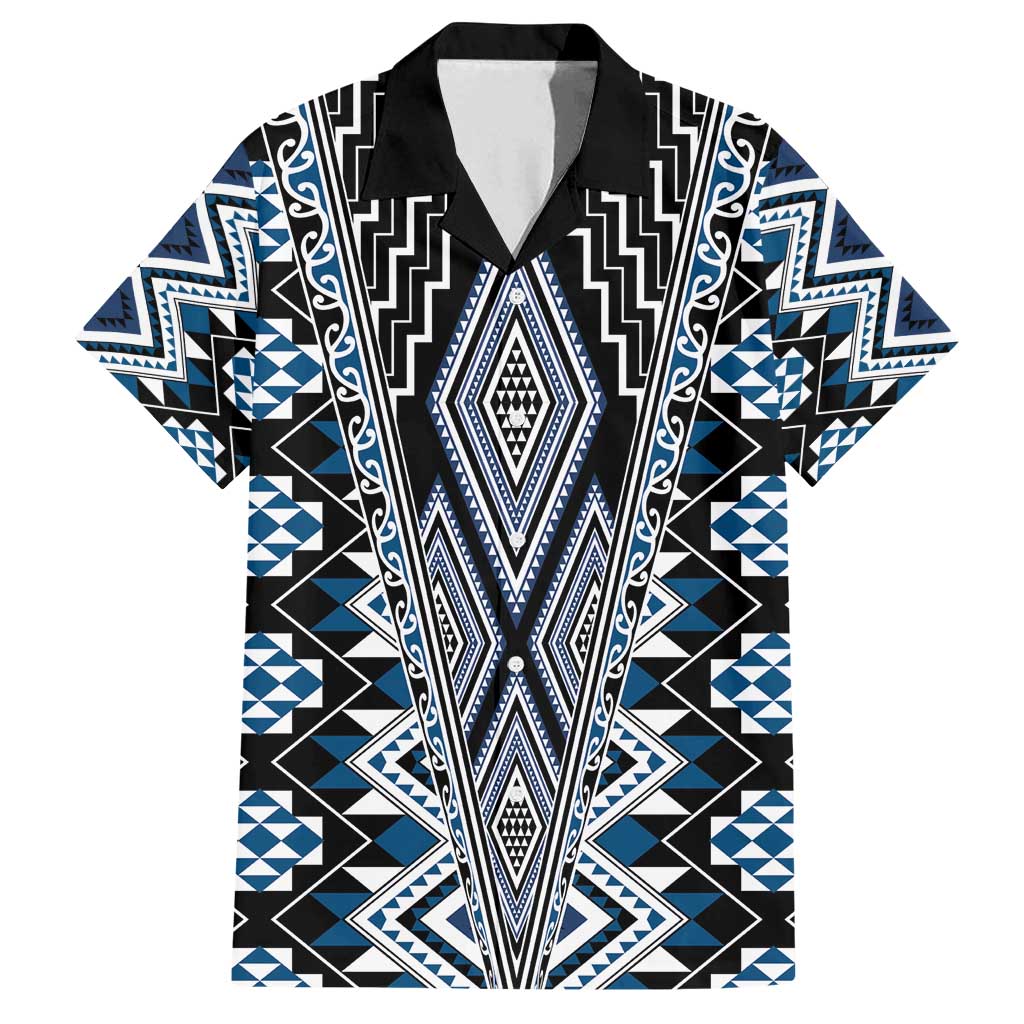 Blue Aotearoa Tukutuku and Poutama Motif Family Matching Puletasi and Hawaiian Shirt LT03 Dad's Shirt - Short Sleeve Blue - Polynesian Pride