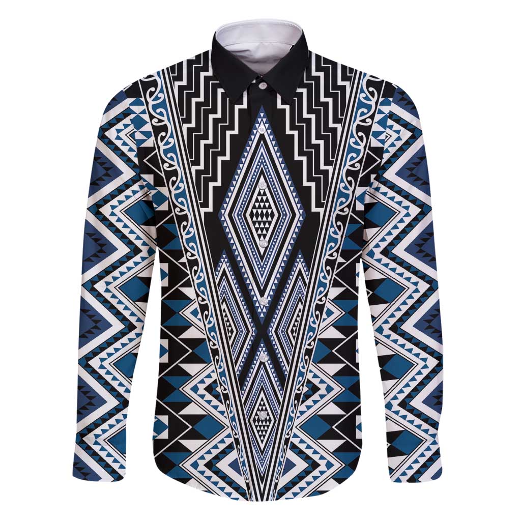 Blue Aotearoa Tukutuku and Poutama Motif Family Matching Puletasi and Hawaiian Shirt LT03 Dad's Shirt - Long Sleeve Blue - Polynesian Pride