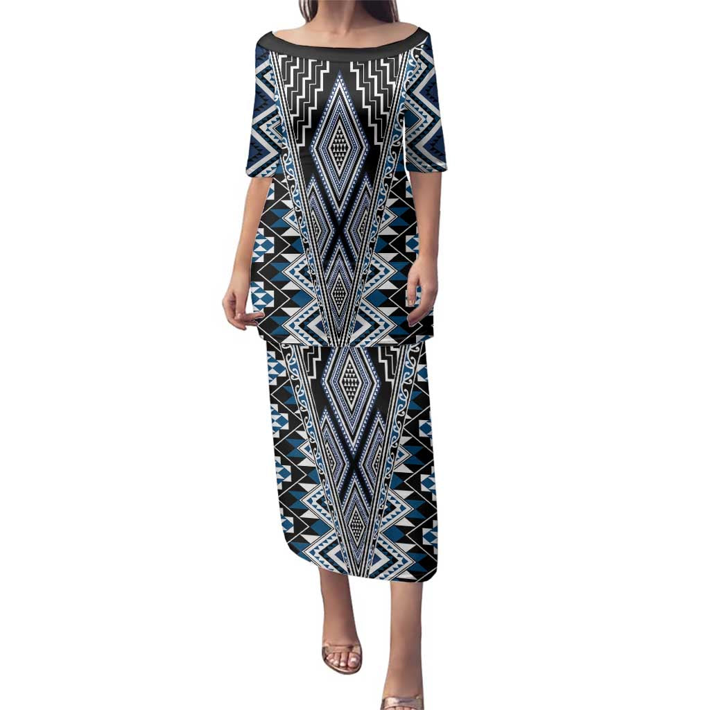 Blue Aotearoa Tukutuku and Poutama Motif Family Matching Puletasi and Hawaiian Shirt LT03 Mom's Dress Blue - Polynesian Pride