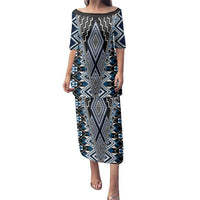 Blue Aotearoa Tukutuku and Poutama Motif Family Matching Puletasi and Hawaiian Shirt LT03 Mom's Dress Blue - Polynesian Pride
