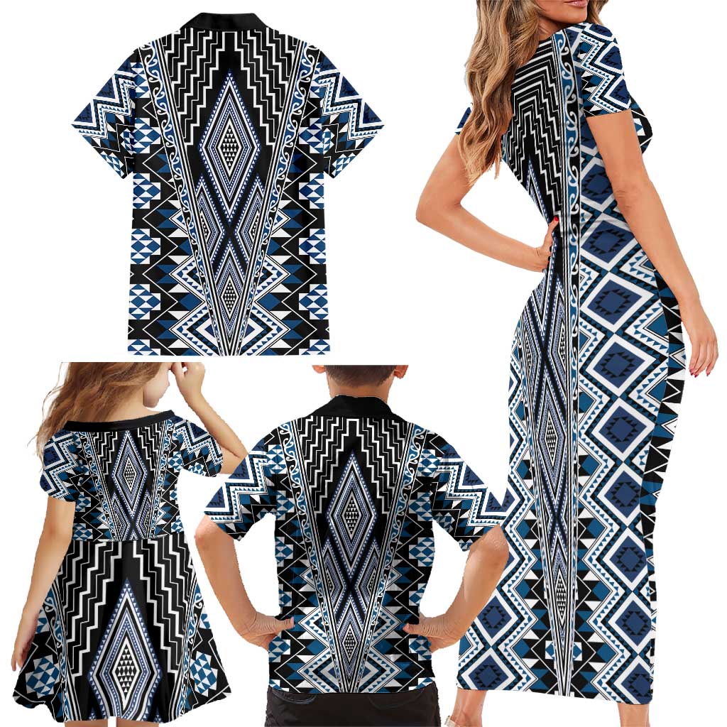 Blue Aotearoa Tukutuku and Poutama Motif Family Matching Short Sleeve Bodycon Dress and Hawaiian Shirt LT03 - Polynesian Pride