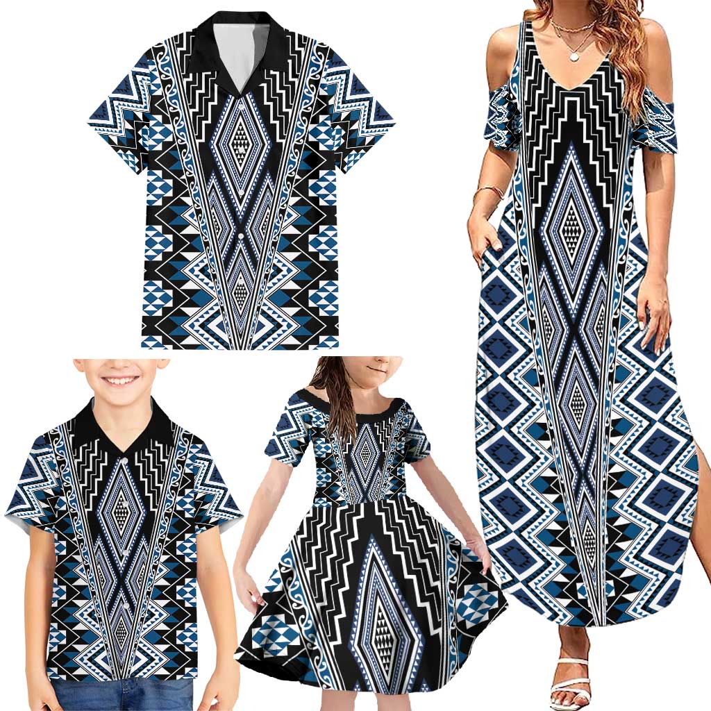 Blue Aotearoa Tukutuku and Poutama Motif Family Matching Summer Maxi Dress and Hawaiian Shirt LT03 - Polynesian Pride