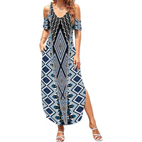 Blue Aotearoa Tukutuku and Poutama Motif Family Matching Summer Maxi Dress and Hawaiian Shirt LT03 Mom's Dress Blue - Polynesian Pride
