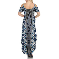 Blue Aotearoa Tukutuku and Poutama Motif Family Matching Summer Maxi Dress and Hawaiian Shirt LT03 - Polynesian Pride