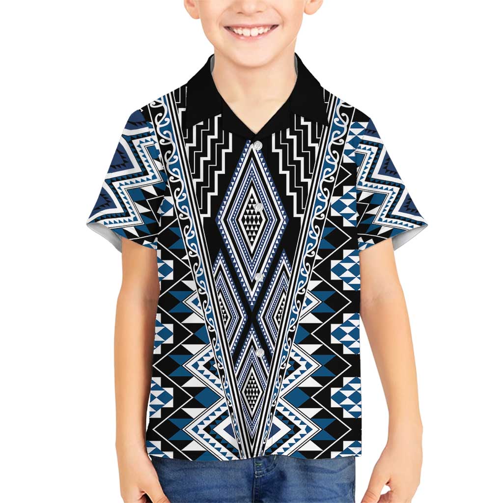 Blue Aotearoa Tukutuku and Poutama Motif Family Matching Summer Maxi Dress and Hawaiian Shirt LT03 Son's Shirt Blue - Polynesian Pride