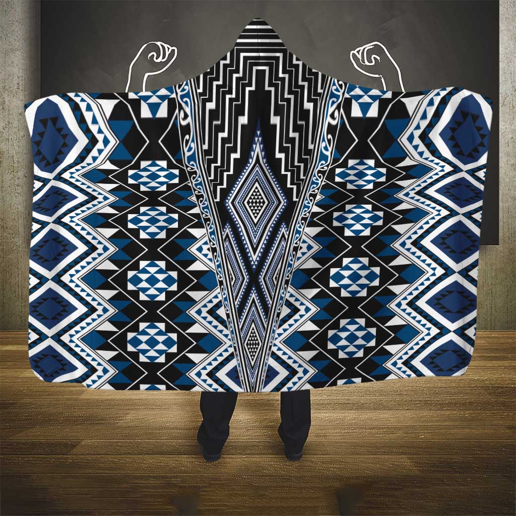 Blue Aotearoa Tukutuku and Poutama Motif Hooded Blanket LT03 - Polynesian Pride