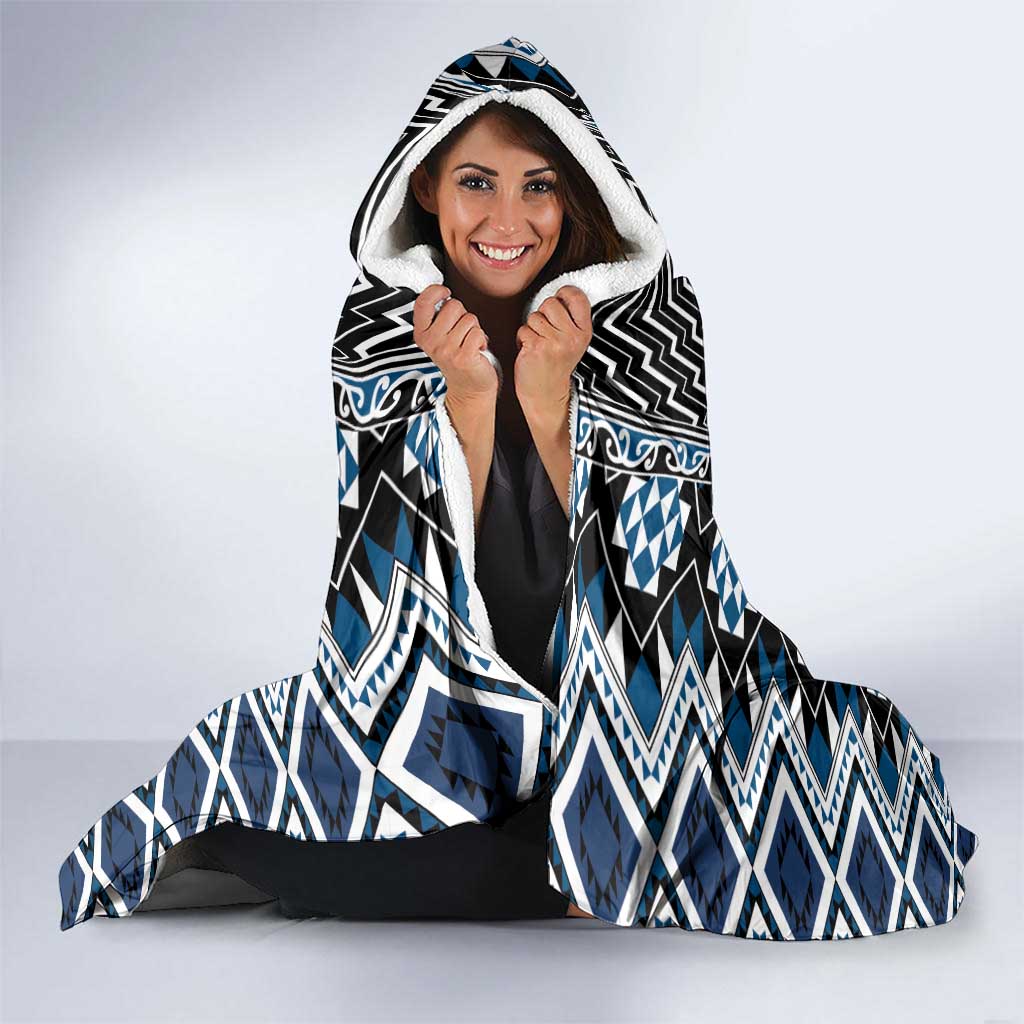 Blue Aotearoa Tukutuku and Poutama Motif Hooded Blanket LT03 - Polynesian Pride