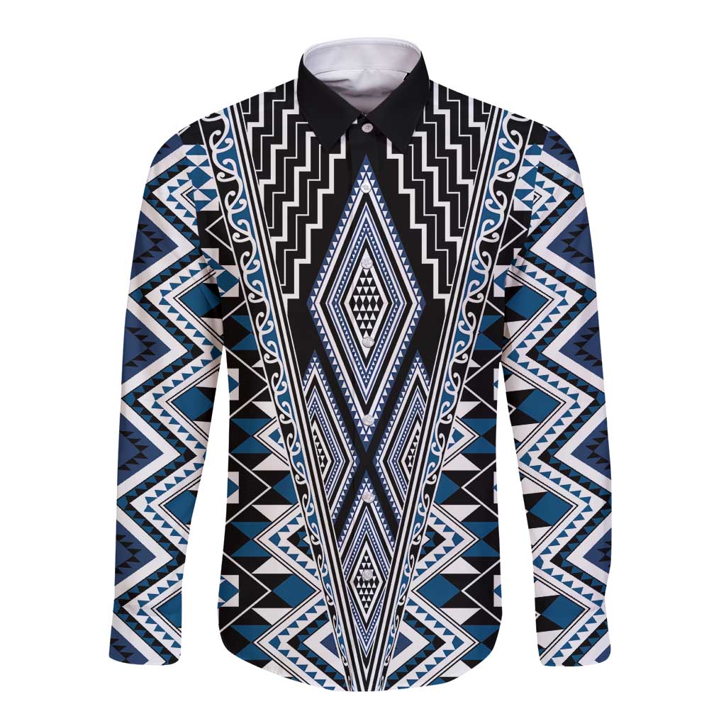 Blue Aotearoa Tukutuku and Poutama Motif Long Sleeve Button Shirt LT03 Unisex Blue - Polynesian Pride