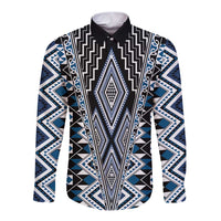 Blue Aotearoa Tukutuku and Poutama Motif Long Sleeve Button Shirt LT03 Unisex Blue - Polynesian Pride