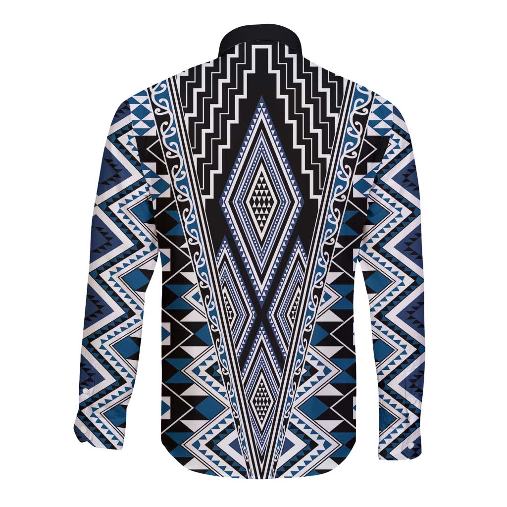 Blue Aotearoa Tukutuku and Poutama Motif Long Sleeve Button Shirt LT03 - Polynesian Pride
