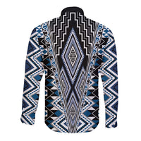 Blue Aotearoa Tukutuku and Poutama Motif Long Sleeve Button Shirt LT03 - Polynesian Pride