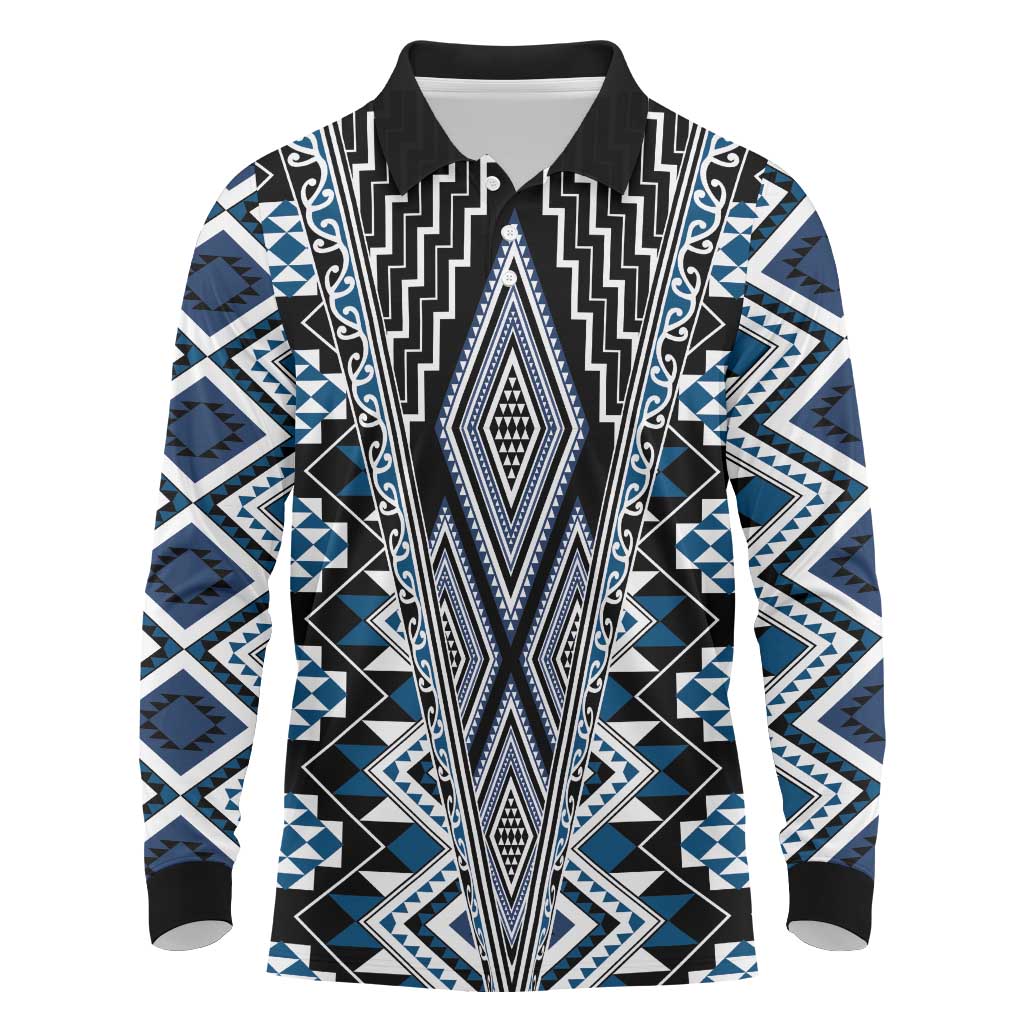 Blue Aotearoa Tukutuku and Poutama Motif Long Sleeve Polo Shirt LT03 Blue - Polynesian Pride