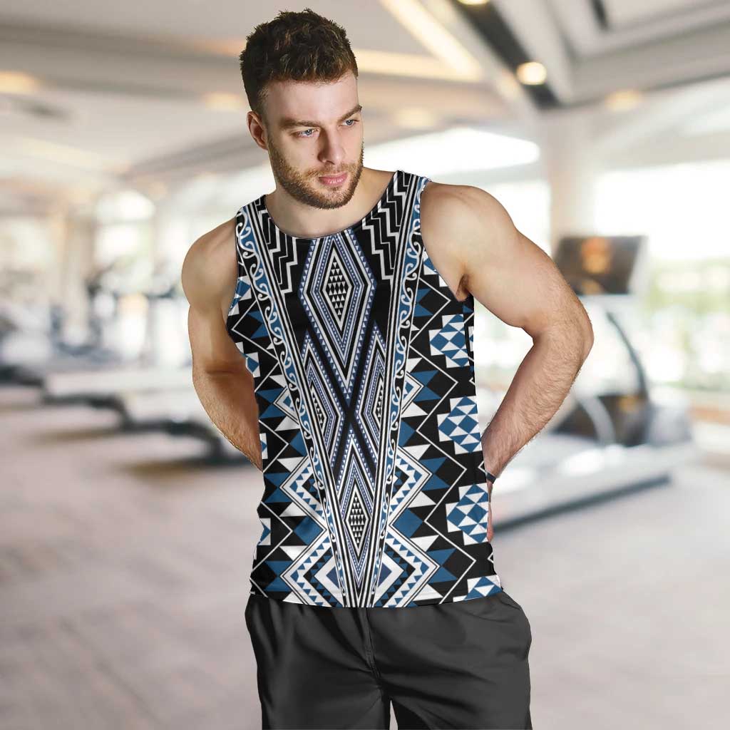 Blue Aotearoa Tukutuku and Poutama Motif Men Tank Top LT03 Blue - Polynesian Pride