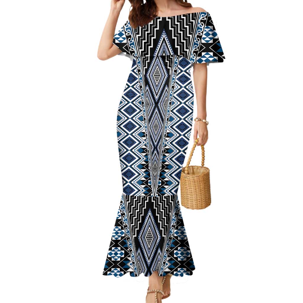 Blue Aotearoa Tukutuku and Poutama Motif Mermaid Dress LT03 Women Blue - Polynesian Pride