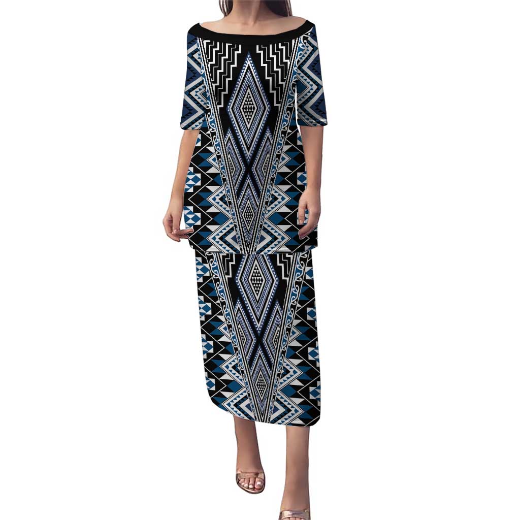 Blue Aotearoa Tukutuku and Poutama Motif Puletasi LT03 Long Dress Blue - Polynesian Pride
