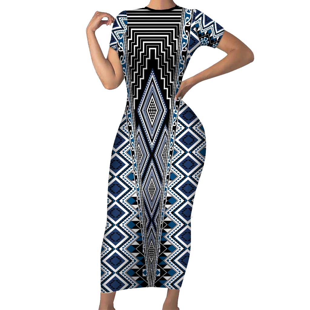 Blue Aotearoa Tukutuku and Poutama Motif Short Sleeve Bodycon Dress LT03 Long Dress Blue - Polynesian Pride