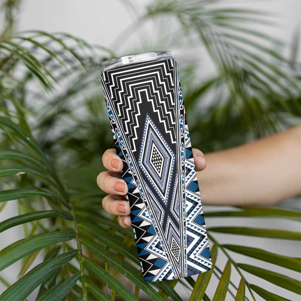 Blue Aotearoa Tukutuku and Poutama Motif Skinny Tumbler LT03 - Polynesian Pride