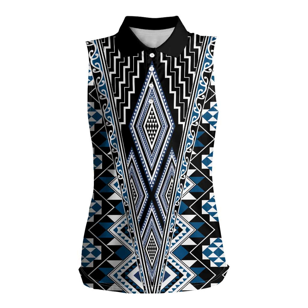 Blue Aotearoa Tukutuku and Poutama Motif Women Sleeveless Polo Shirt LT03 Female Blue - Polynesian Pride