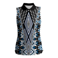 Blue Aotearoa Tukutuku and Poutama Motif Women Sleeveless Polo Shirt LT03 Female Blue - Polynesian Pride