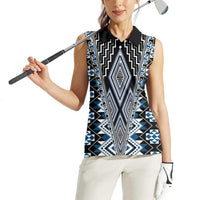 Blue Aotearoa Tukutuku and Poutama Motif Women Sleeveless Polo Shirt LT03 - Polynesian Pride