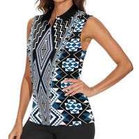 Blue Aotearoa Tukutuku and Poutama Motif Women Sleeveless Polo Shirt LT03 - Polynesian Pride