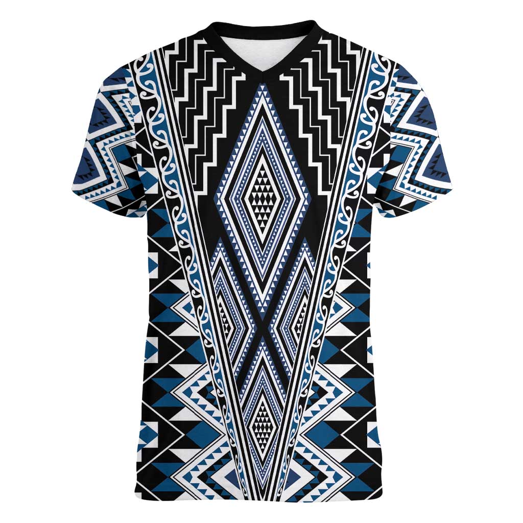 Blue Aotearoa Tukutuku and Poutama Motif Women V-Neck T-Shirt LT03 Female Blue - Polynesian Pride