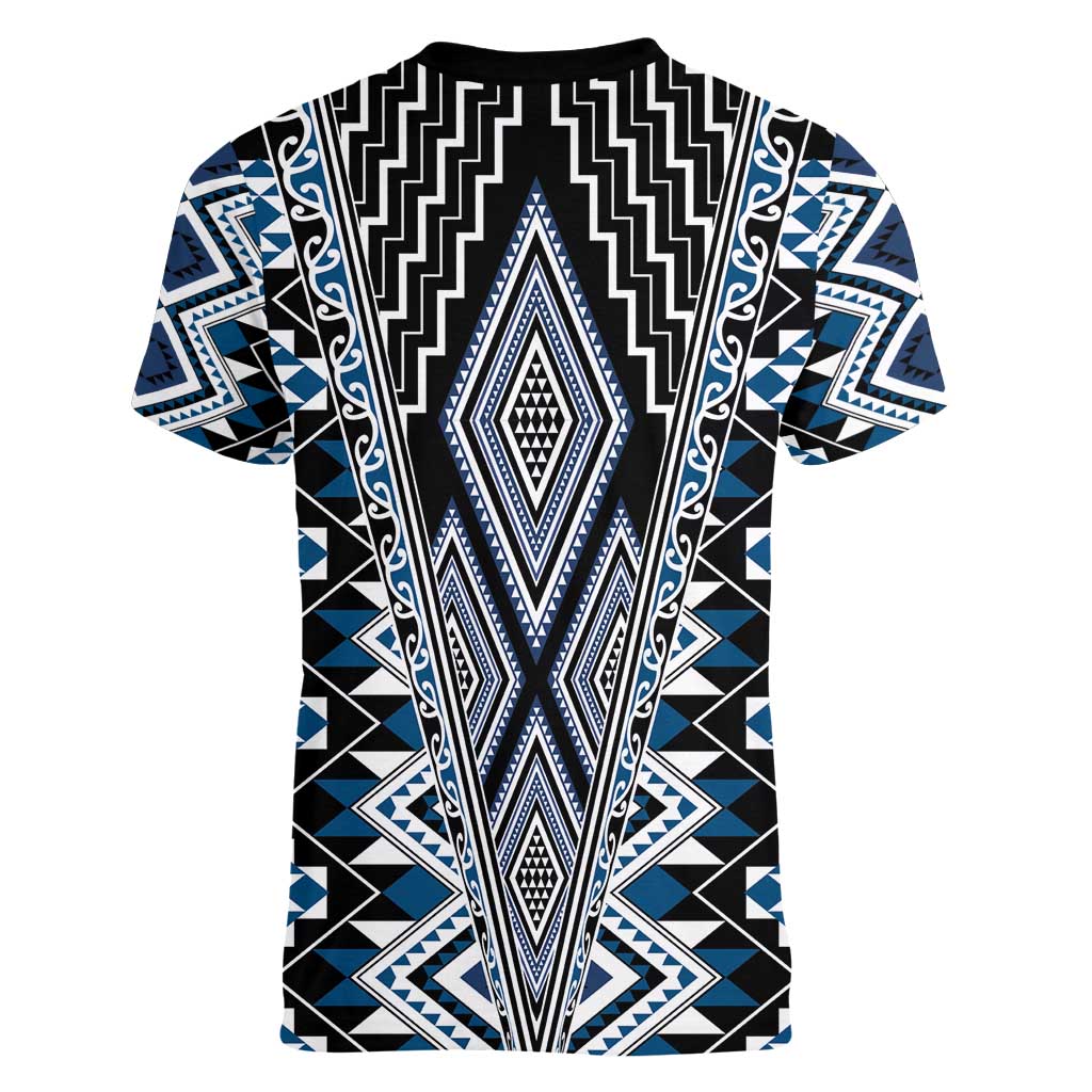 Blue Aotearoa Tukutuku and Poutama Motif Women V-Neck T-Shirt LT03 - Polynesian Pride
