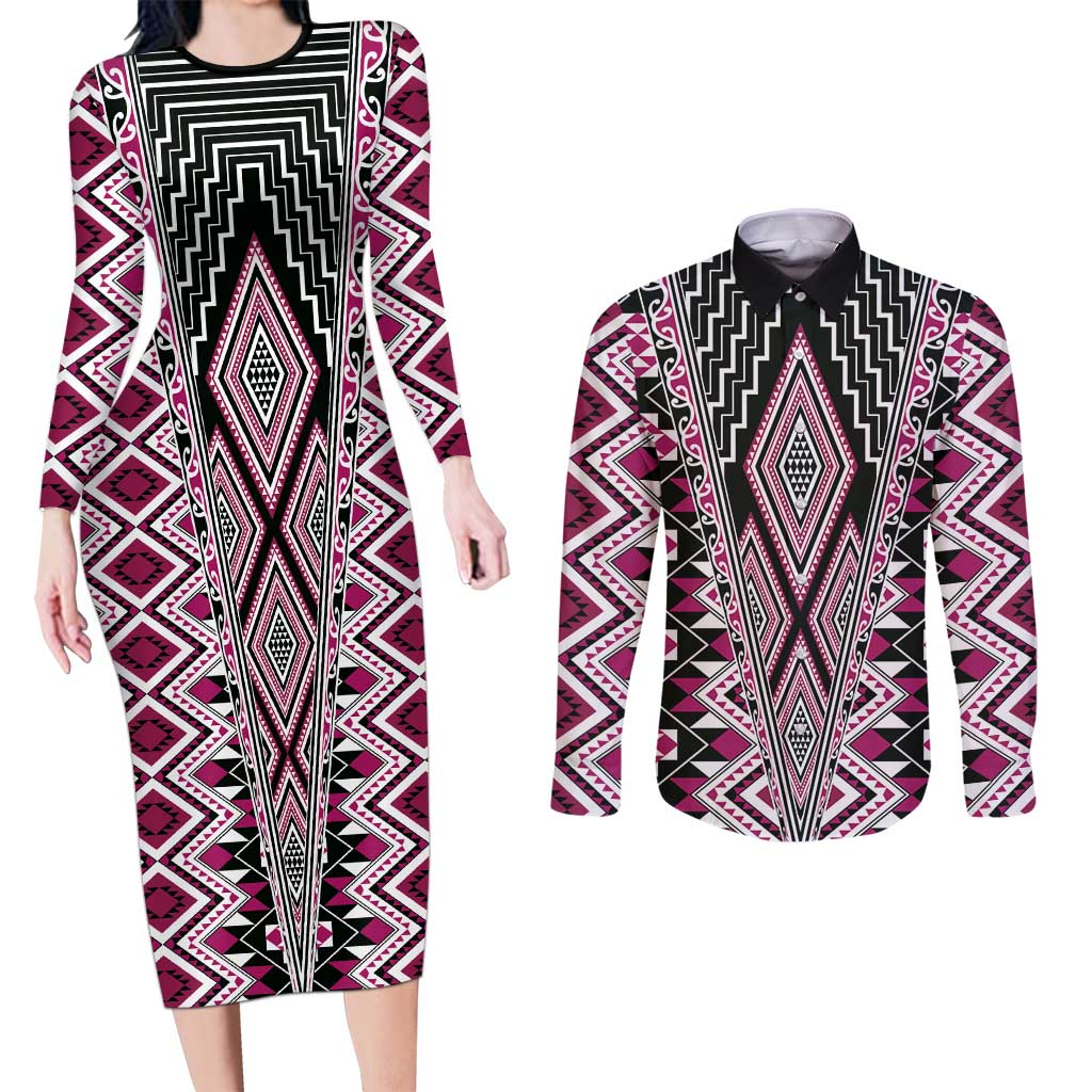 Pink Aotearoa Tukutuku and Poutama Motif Couples Matching Long Sleeve Bodycon Dress and Long Sleeve Button Shirt LT03 Pink - Polynesian Pride