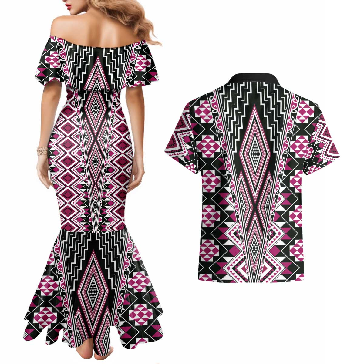 Pink Aotearoa Tukutuku and Poutama Motif Couples Matching Mermaid Dress and Hawaiian Shirt LT03 - Polynesian Pride