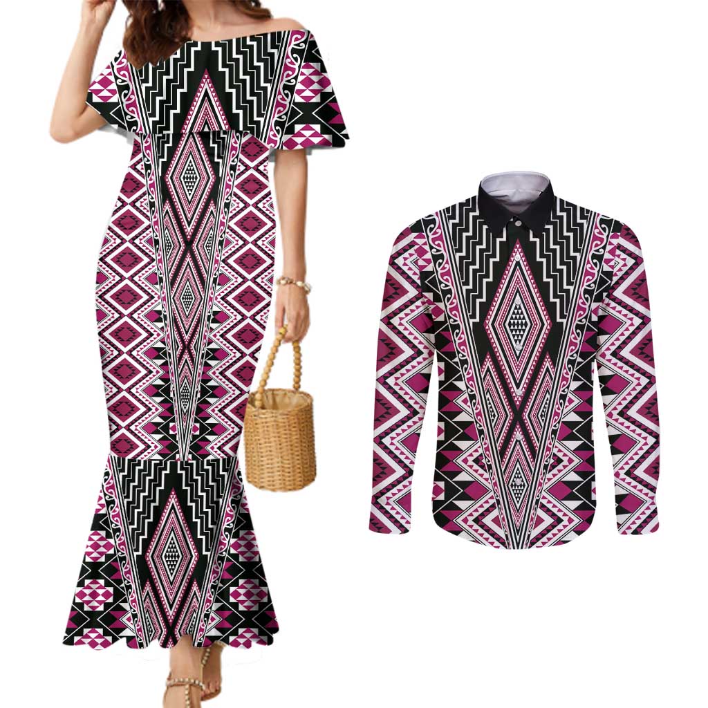 Pink Aotearoa Tukutuku and Poutama Motif Couples Matching Mermaid Dress and Long Sleeve Button Shirt LT03 Pink - Polynesian Pride