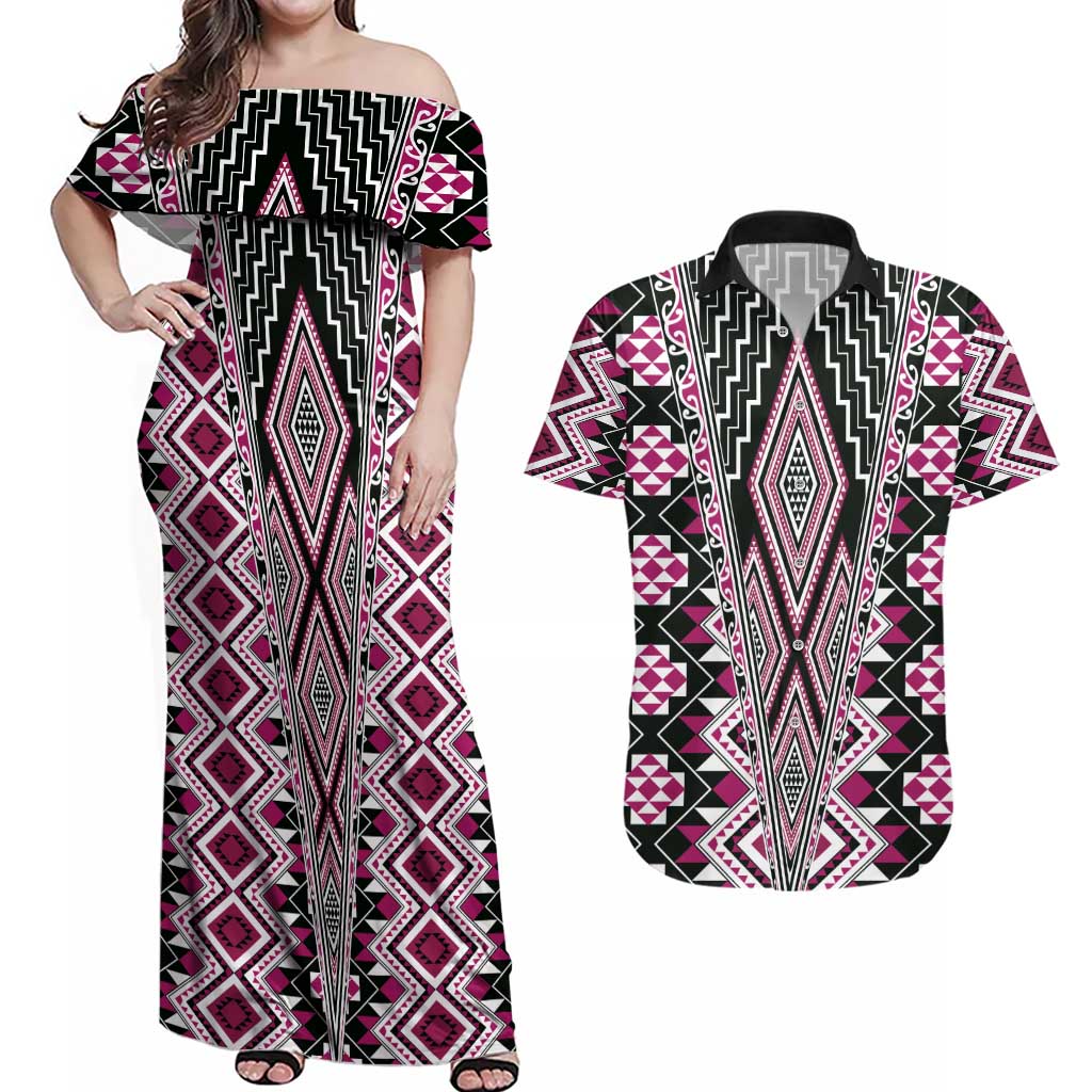 Pink Aotearoa Tukutuku and Poutama Motif Couples Matching Off Shoulder Maxi Dress and Hawaiian Shirt LT03 Pink - Polynesian Pride