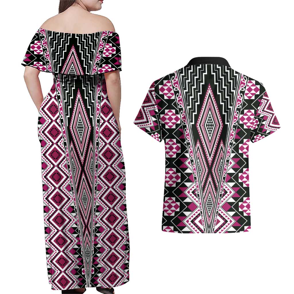 Pink Aotearoa Tukutuku and Poutama Motif Couples Matching Off Shoulder Maxi Dress and Hawaiian Shirt LT03 - Polynesian Pride