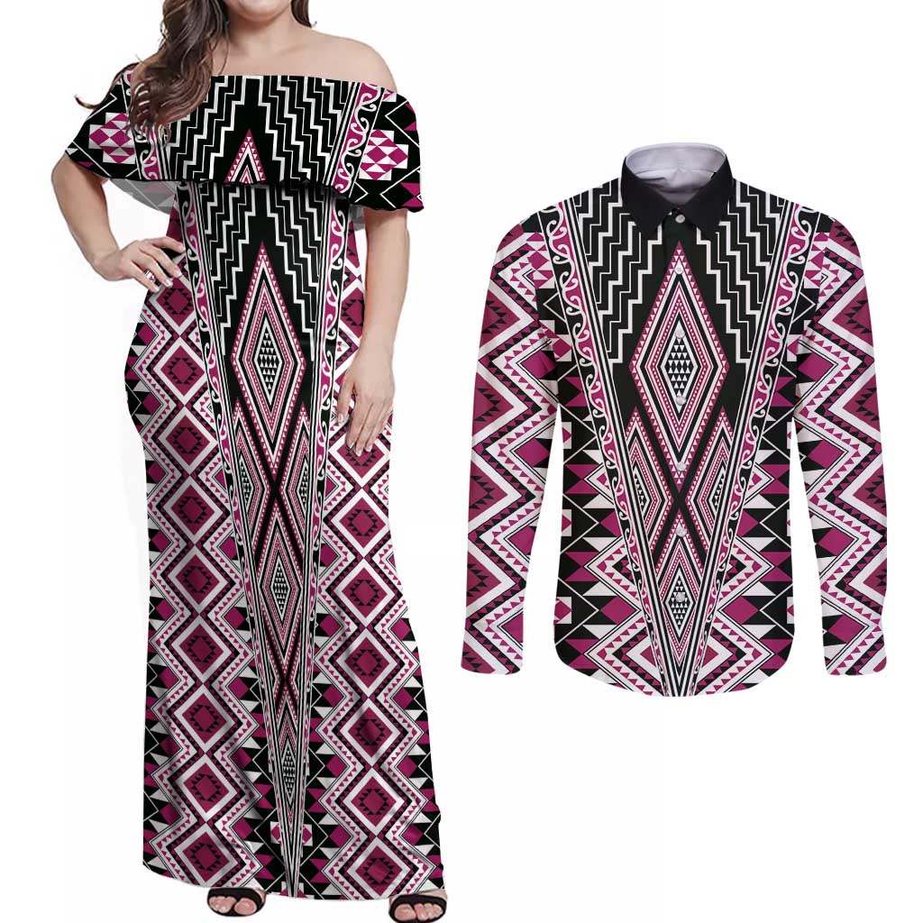 Pink Aotearoa Tukutuku and Poutama Motif Couples Matching Off Shoulder Maxi Dress and Long Sleeve Button Shirt LT03 Pink - Polynesian Pride