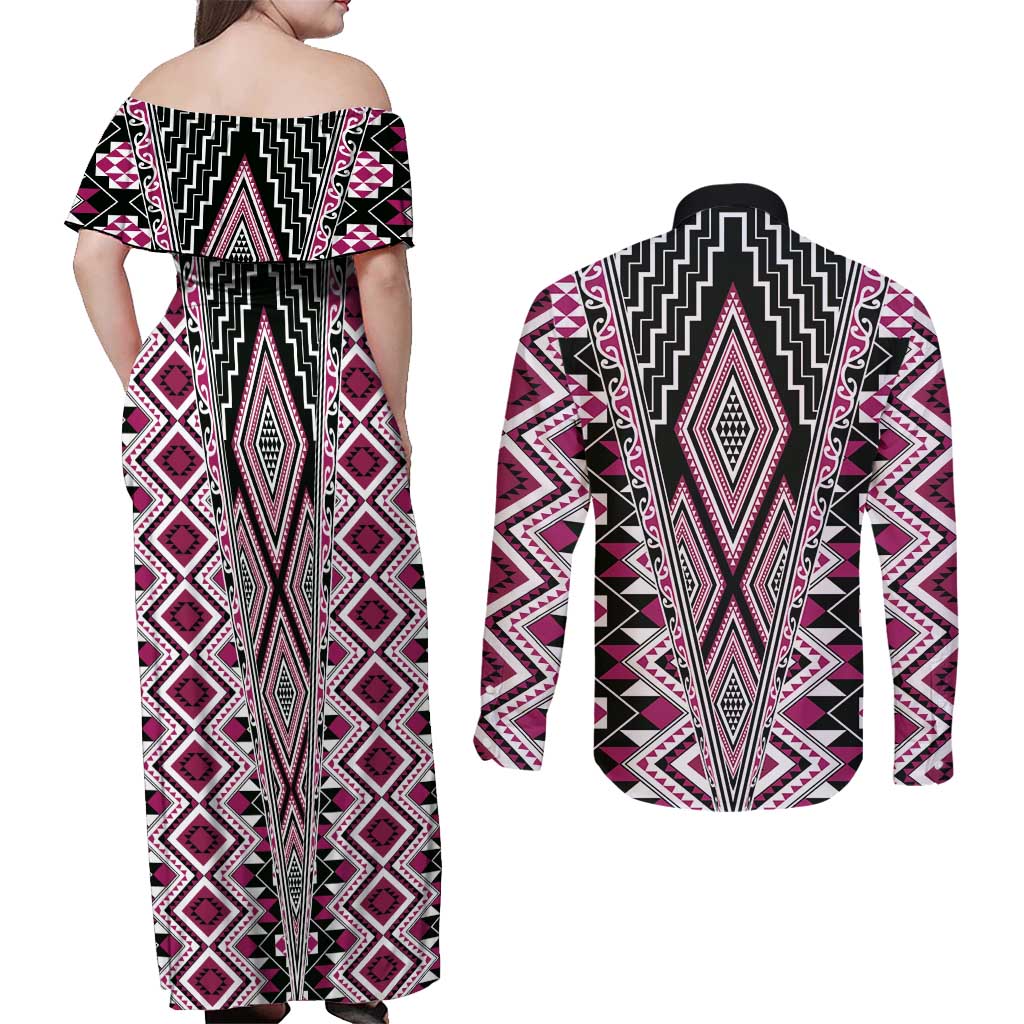Pink Aotearoa Tukutuku and Poutama Motif Couples Matching Off Shoulder Maxi Dress and Long Sleeve Button Shirt LT03 - Polynesian Pride