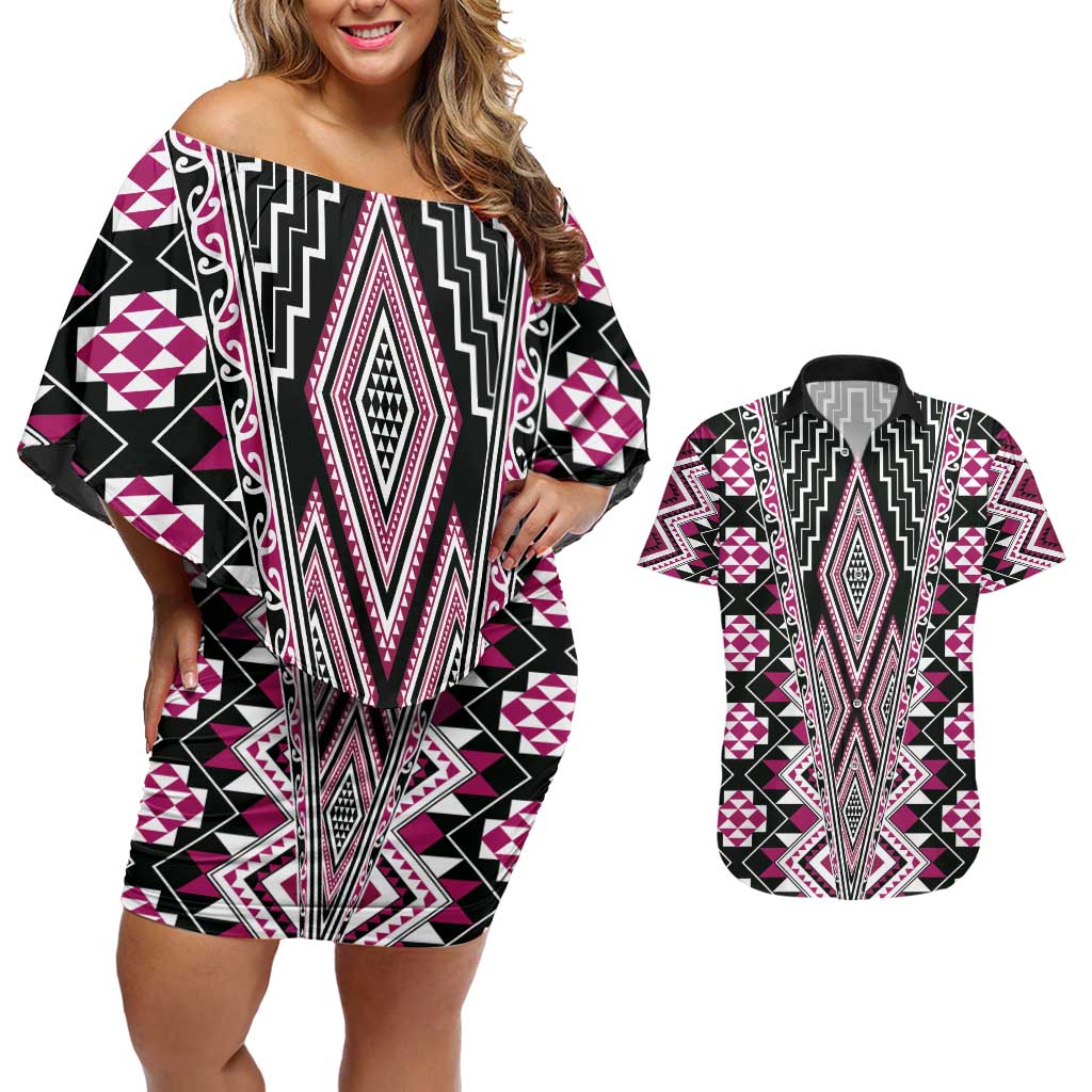 Pink Aotearoa Tukutuku and Poutama Motif Couples Matching Off Shoulder Short Dress and Hawaiian Shirt LT03 Pink - Polynesian Pride