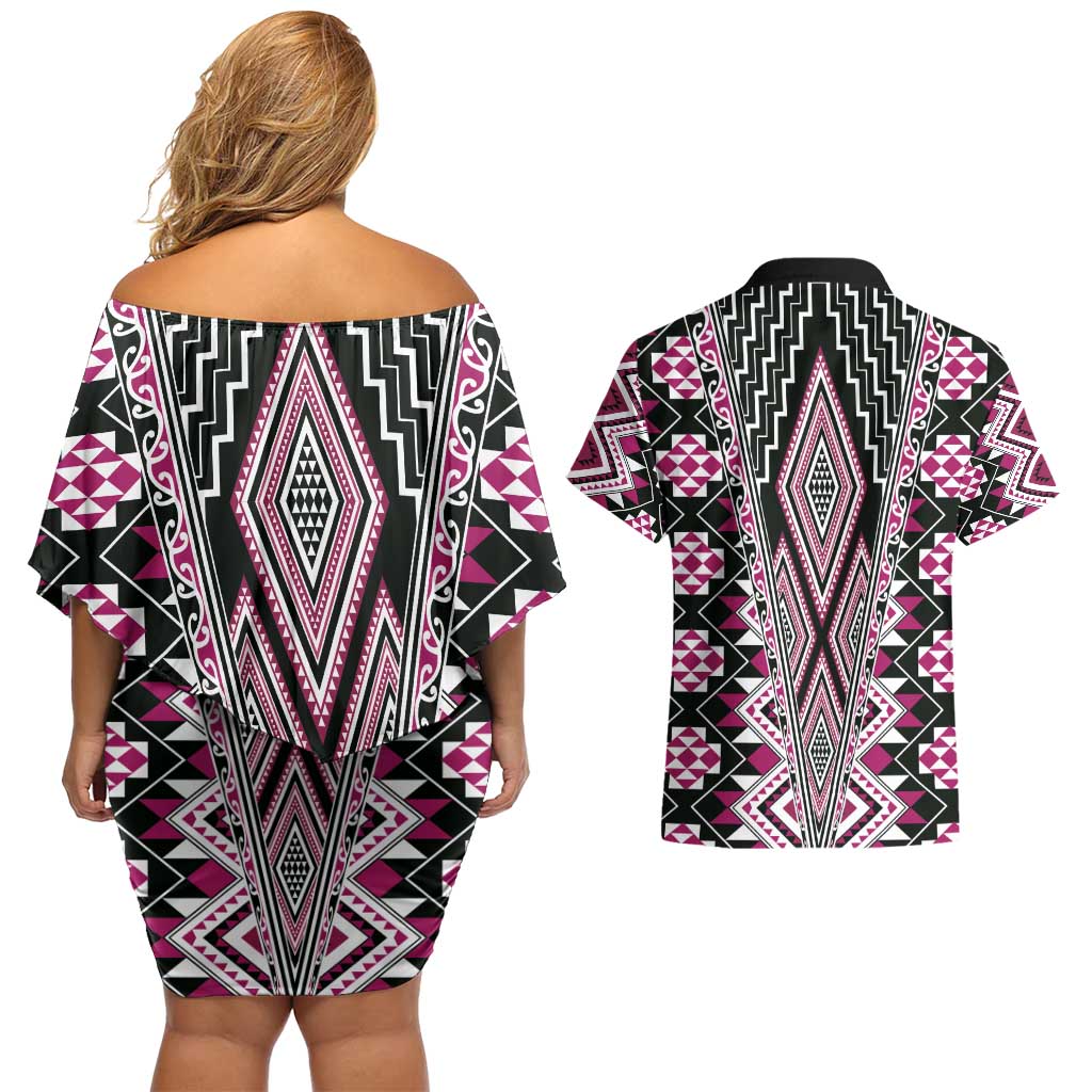 Pink Aotearoa Tukutuku and Poutama Motif Couples Matching Off Shoulder Short Dress and Hawaiian Shirt LT03 - Polynesian Pride