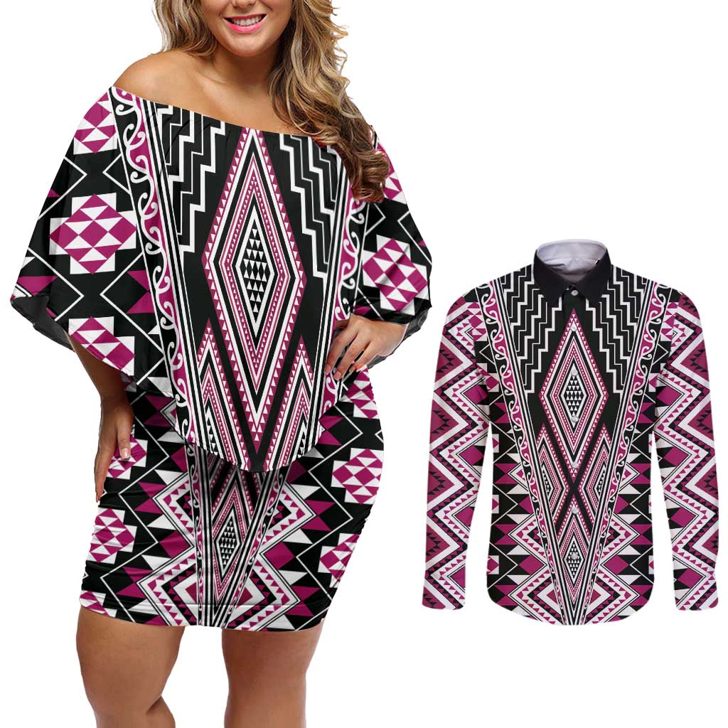 Pink Aotearoa Tukutuku and Poutama Motif Couples Matching Off Shoulder Short Dress and Long Sleeve Button Shirt LT03 Pink - Polynesian Pride
