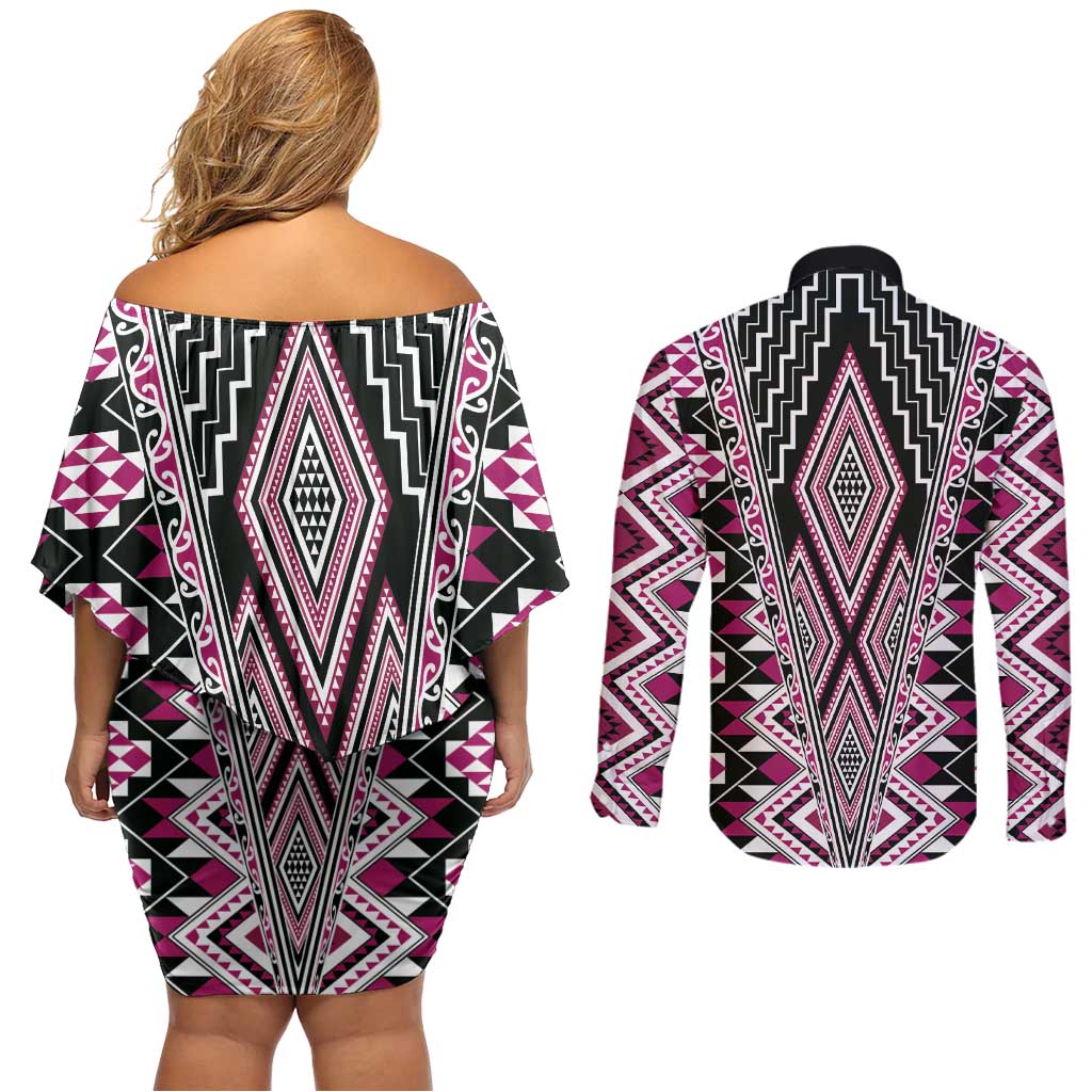 Pink Aotearoa Tukutuku and Poutama Motif Couples Matching Off Shoulder Short Dress and Long Sleeve Button Shirt LT03 - Polynesian Pride