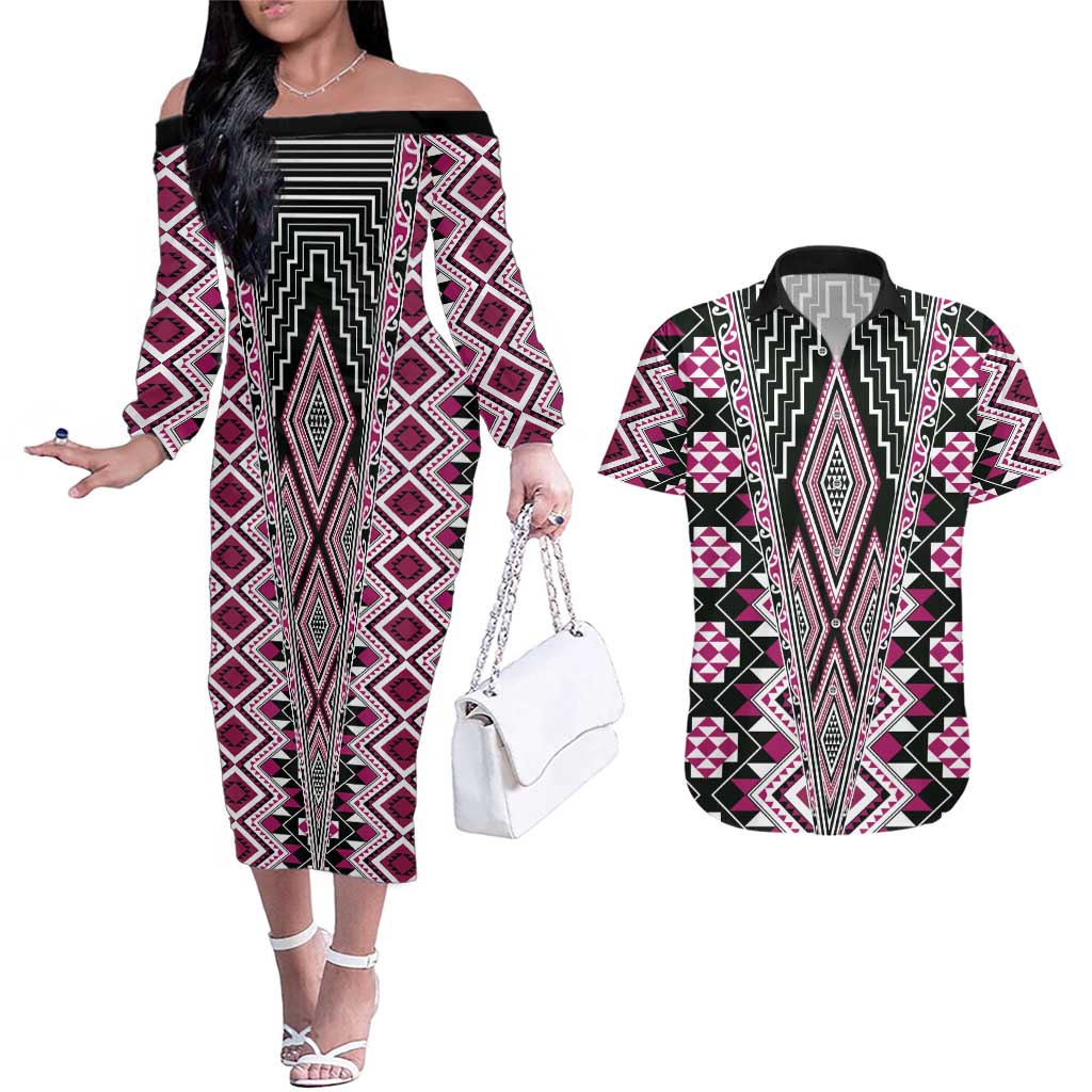 Pink Aotearoa Tukutuku and Poutama Motif Couples Matching Off The Shoulder Long Sleeve Dress and Hawaiian Shirt LT03 Pink - Polynesian Pride