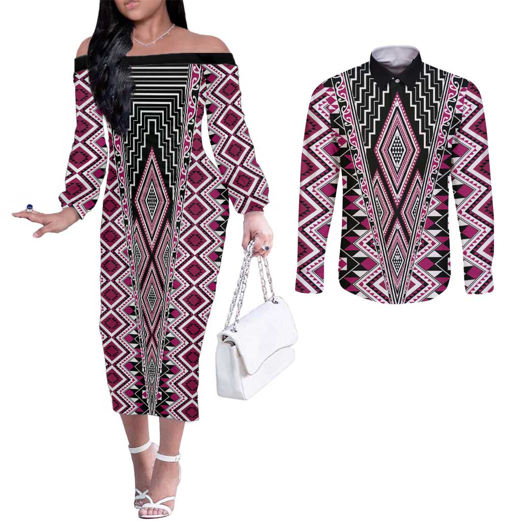 Pink Aotearoa Tukutuku and Poutama Motif Couples Matching Off The Shoulder Long Sleeve Dress and Long Sleeve Button Shirt LT03 Pink - Polynesian Pride