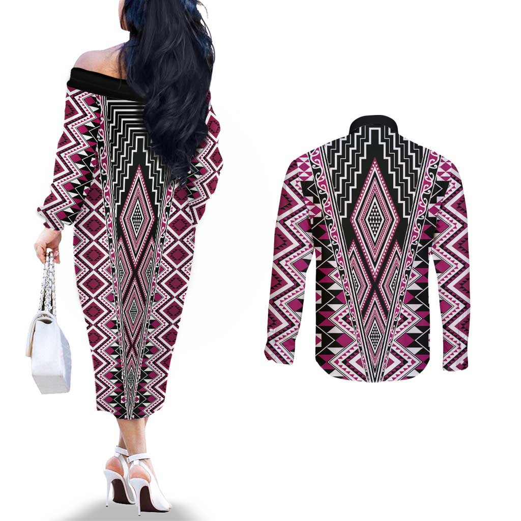 Pink Aotearoa Tukutuku and Poutama Motif Couples Matching Off The Shoulder Long Sleeve Dress and Long Sleeve Button Shirt LT03 - Polynesian Pride