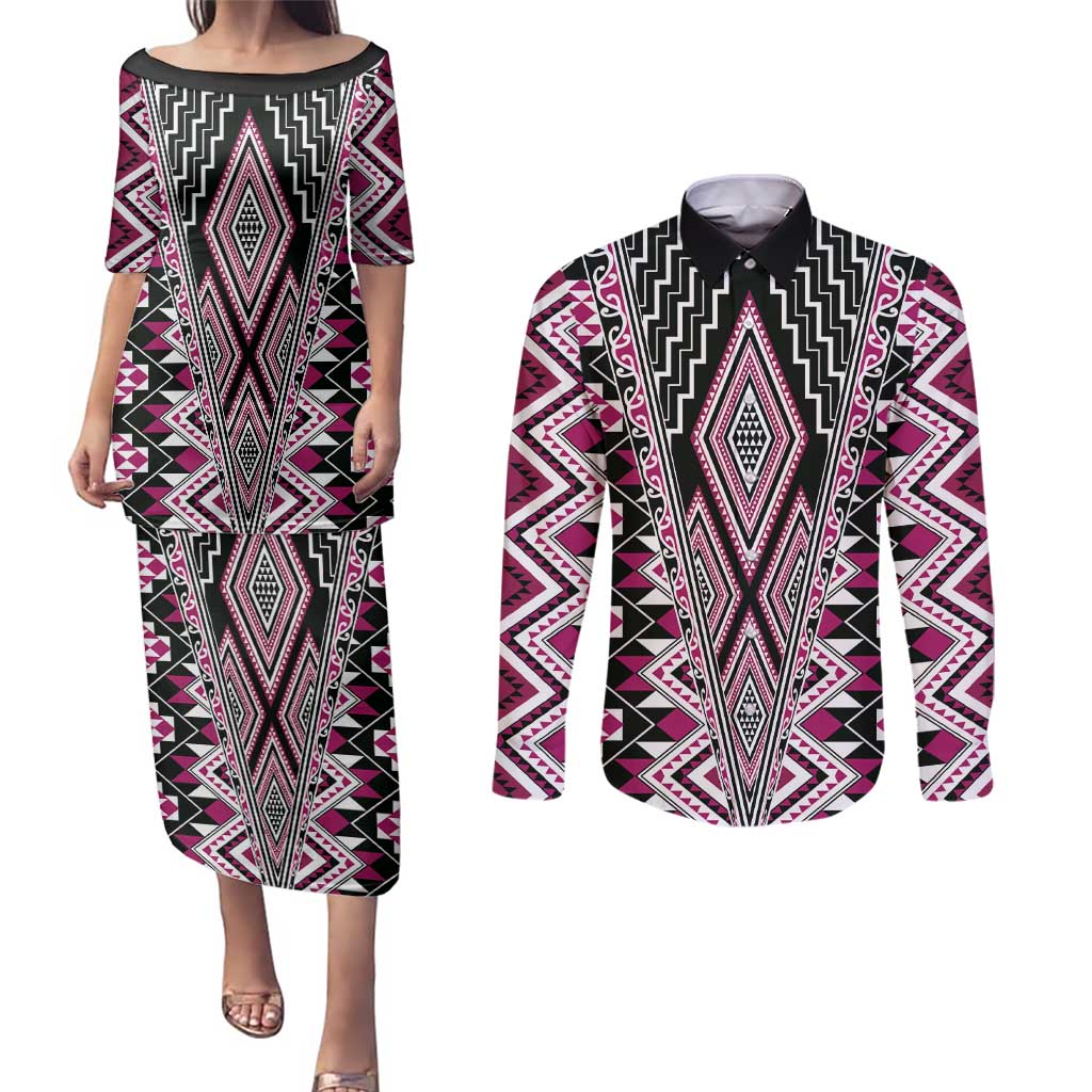 Pink Aotearoa Tukutuku and Poutama Motif Couples Matching Puletasi and Long Sleeve Button Shirt LT03 Pink - Polynesian Pride