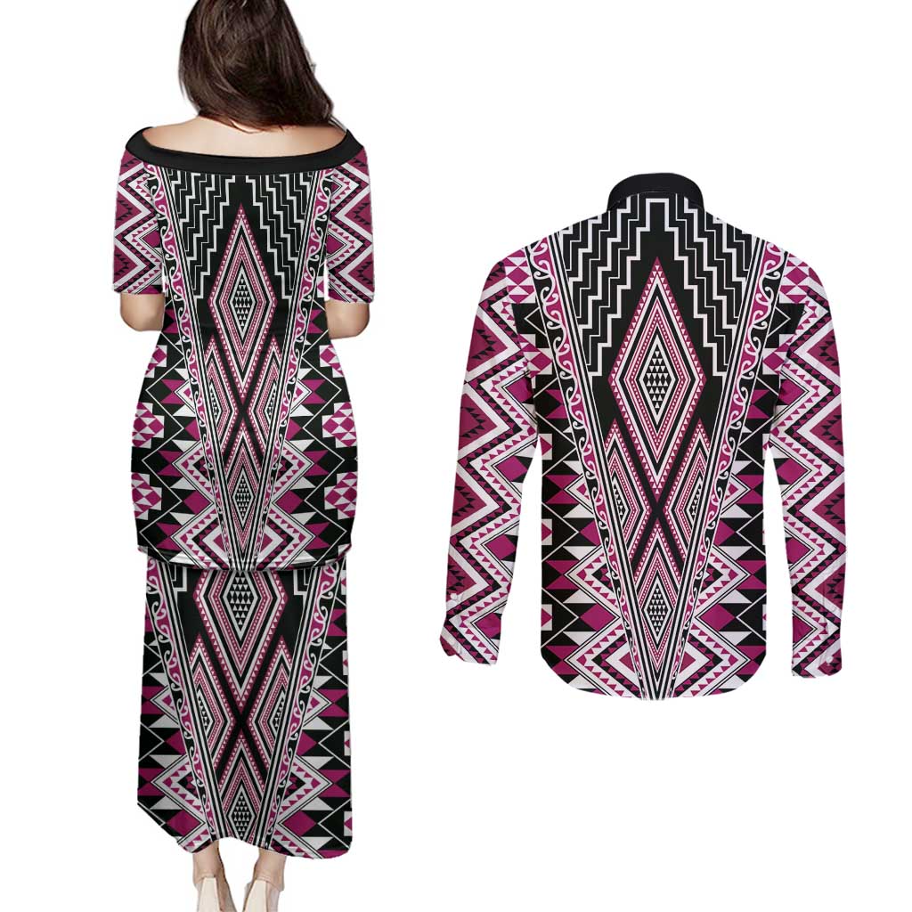Pink Aotearoa Tukutuku and Poutama Motif Couples Matching Puletasi and Long Sleeve Button Shirt LT03 - Polynesian Pride