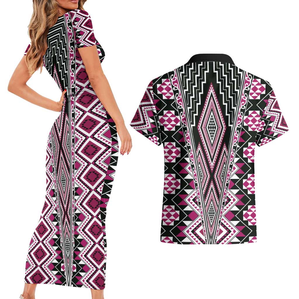 Pink Aotearoa Tukutuku and Poutama Motif Couples Matching Short Sleeve Bodycon Dress and Hawaiian Shirt LT03 - Polynesian Pride