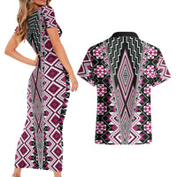 Pink Aotearoa Tukutuku and Poutama Motif Couples Matching Short Sleeve Bodycon Dress and Hawaiian Shirt LT03 - Polynesian Pride