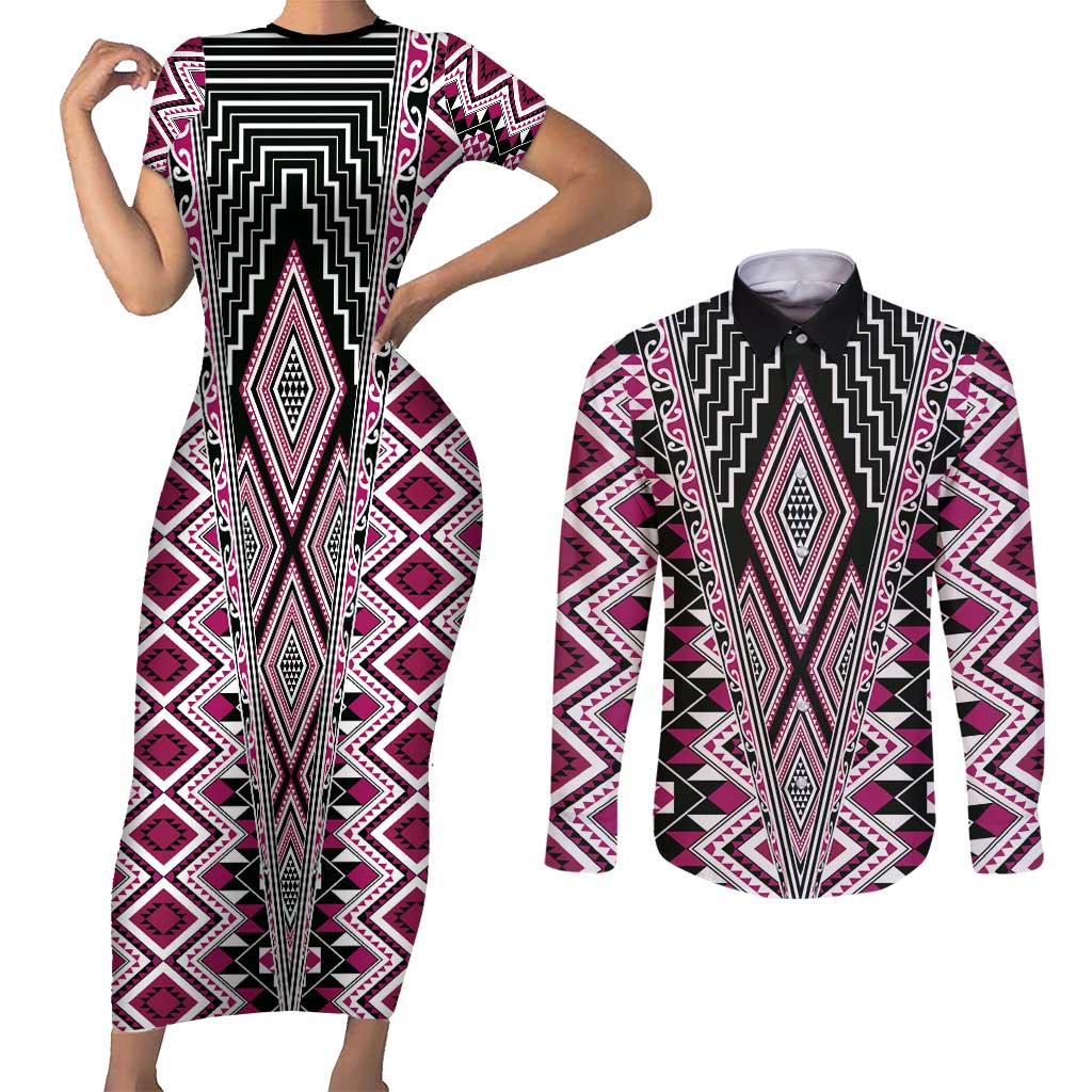 Pink Aotearoa Tukutuku and Poutama Motif Couples Matching Short Sleeve Bodycon Dress and Long Sleeve Button Shirt LT03 Pink - Polynesian Pride