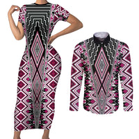 Pink Aotearoa Tukutuku and Poutama Motif Couples Matching Short Sleeve Bodycon Dress and Long Sleeve Button Shirt LT03 Pink - Polynesian Pride